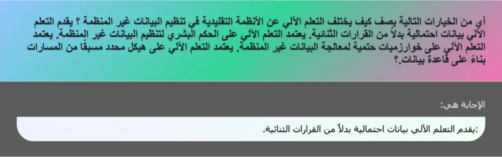 أي من الخيارات التالية يصف كيف يختلف التعلم الآلي عن الأنظمة التقليدية في تنظيم البيانات غير المنظمة ؟ يقدم التعلم الآلي بيانات احتمالية بدلاً من القرارات الثنائية. يعتمد التعلم الآلي على الحكم البشري لتنظيم البيانات غير المنظمة. يعتمد التعلم الآلي على خوارزميات حتمية لمعالجة البيانات غير المنظمة. يعتمد التعلم الآلي على هيكل محدد مسبقًا من المسارات بناءً على قاعدة بيانات.؟