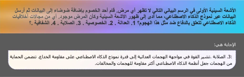 الأشعة السينية الأولى في الرسم البياني التالي لا تظهر أي مرض. قام أحد الخصوم بإضافة ضوضاء إلى البيانات ثم أرسل البيانات عبر نموذج الذكاء الاصطناعي، مما أدى إلى ظهور الأشعة السينية وكأن المرض موجود. أي من مجالات أخلاقيات الذكاء الاصطناعي تتعلق بالدفاع ضد مثل هذا الهجوم؟ 1. العدالة . 2. الخصوصية . 3. الصلابة . 4. الشفافية .؟