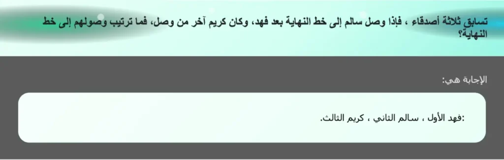 تسابق ثلاثة أصدقاء ، فإذا وصل سالم إلى خط النهاية بعد فهد، وكان كريم آخر من وصل، فما ترتيب وصولهم إلى خط النهاية؟