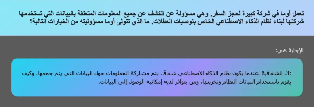 تعمل أوما في شركة كبيرة لحجز السفر. وهي مسؤولة عن الكشف عن جميع المعلومات المتعلقة بالبيانات التي تستخدمها شركتها لبناء نظام الذكاء الاصطناعي الخاص بتوصيات العطلات. ما الذي تتولى أوما مسؤوليته من الخيارات التالية؟