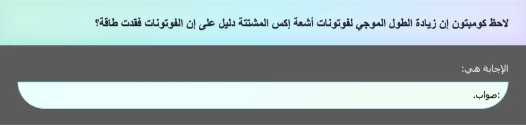 لاحظ كومبتون إن زيادة الطول الموجي لفوتونات أشعة إكس المشتتة دليل على إن الفوتونات فقدت طاقة؟