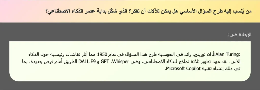 من يُنسب إليه طرح السؤال الأساسي هل يمكن للآلات أن تفكر؟ الذي شكّل بداية عصر الذكاء الاصطناعي؟