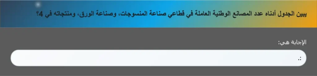 يبين الجدول أدناه عدد المصانع الوطنية العاملة في قطاعي صناعة المنسوجات، وصناعة الورق، ومنتجاته في 4؟